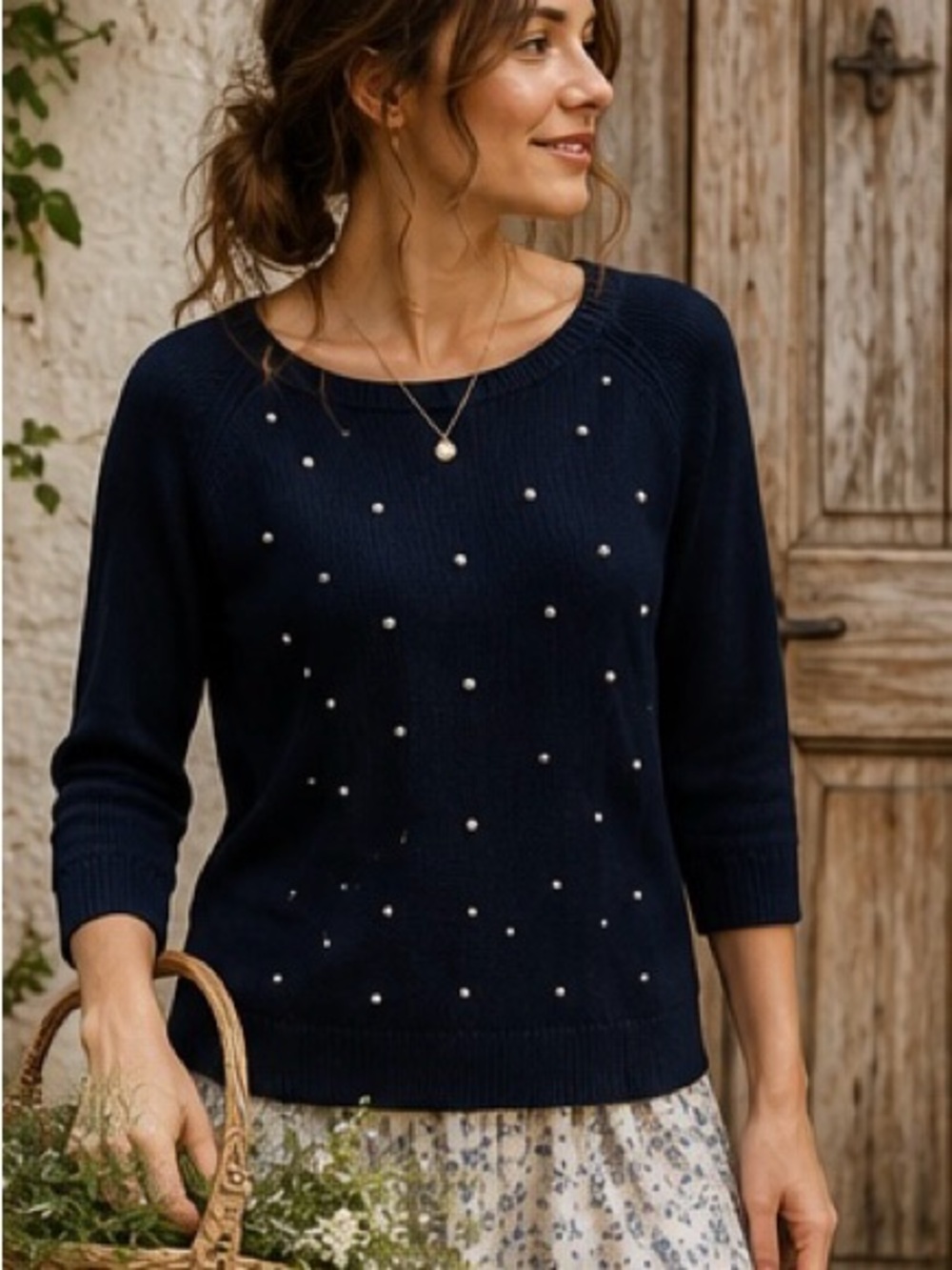 Elle Navy Pearl-Accent Cotton Knit Crewneck Sweater Size L (fits best M) Cottage